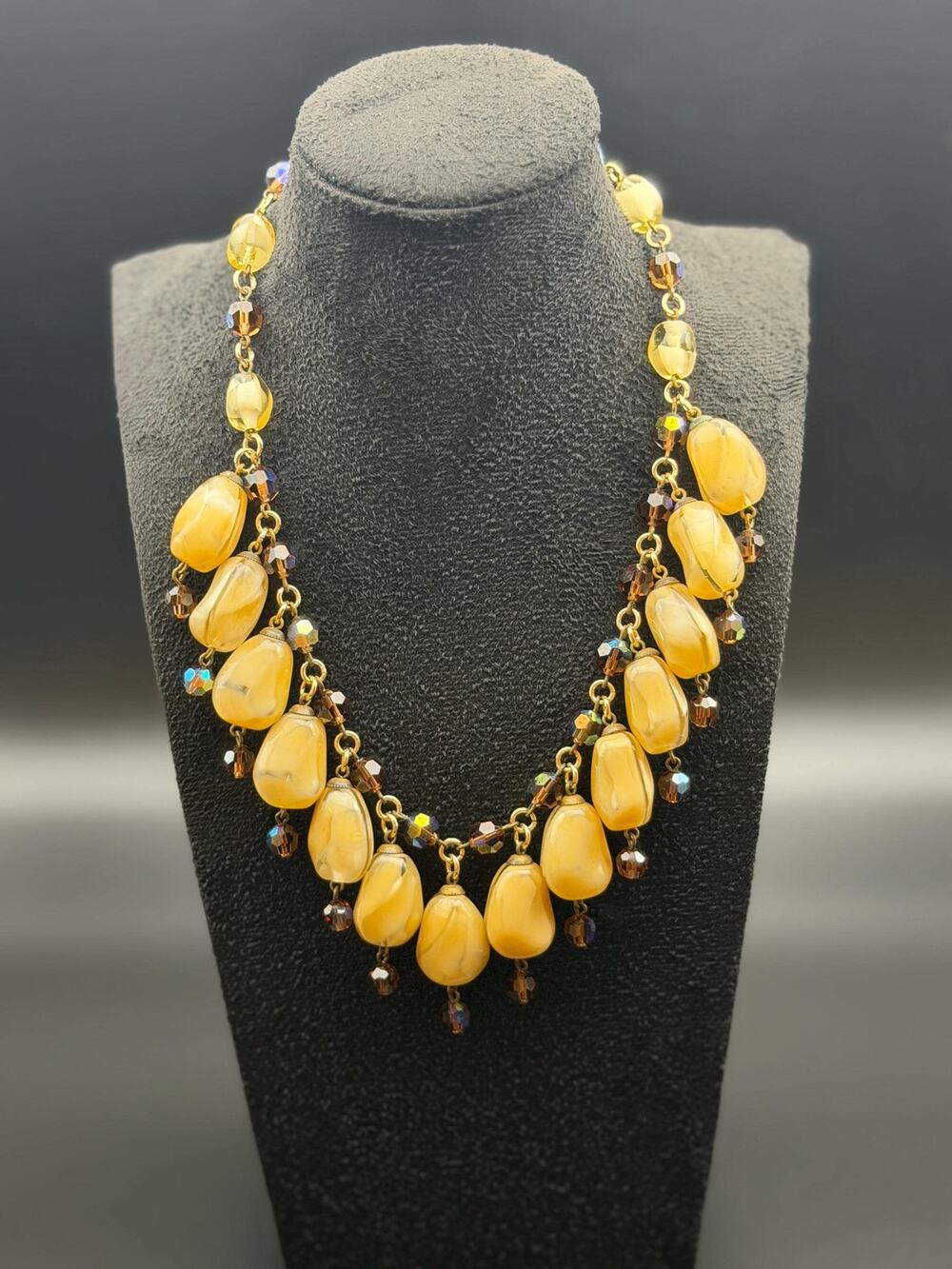 Vintage Necklace with Marbled and AB class beads and barrel clasp